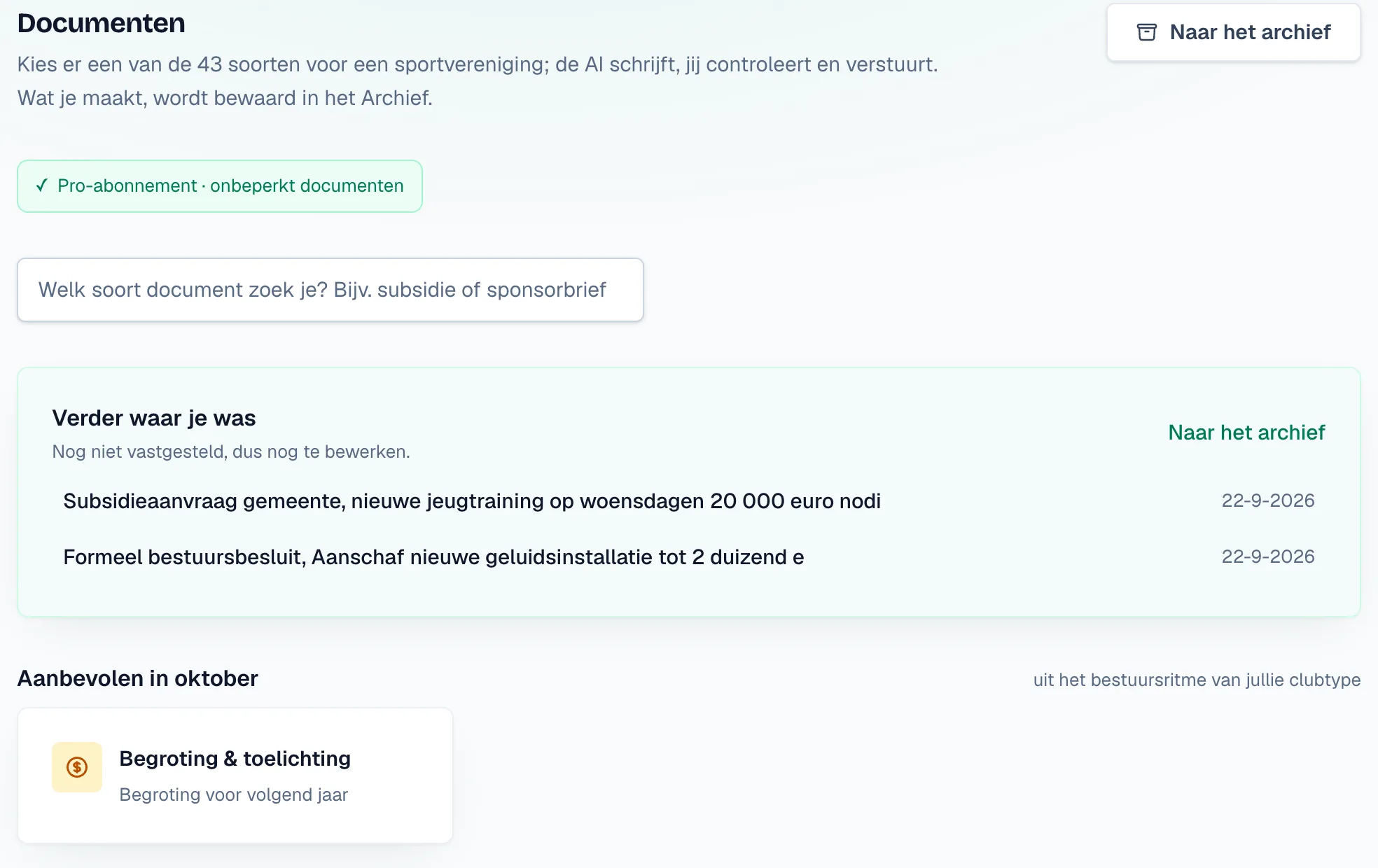 Documenten: zoeken in de soorten, verder gaan waar je was, en de aanbevolen documenten voor deze maand.