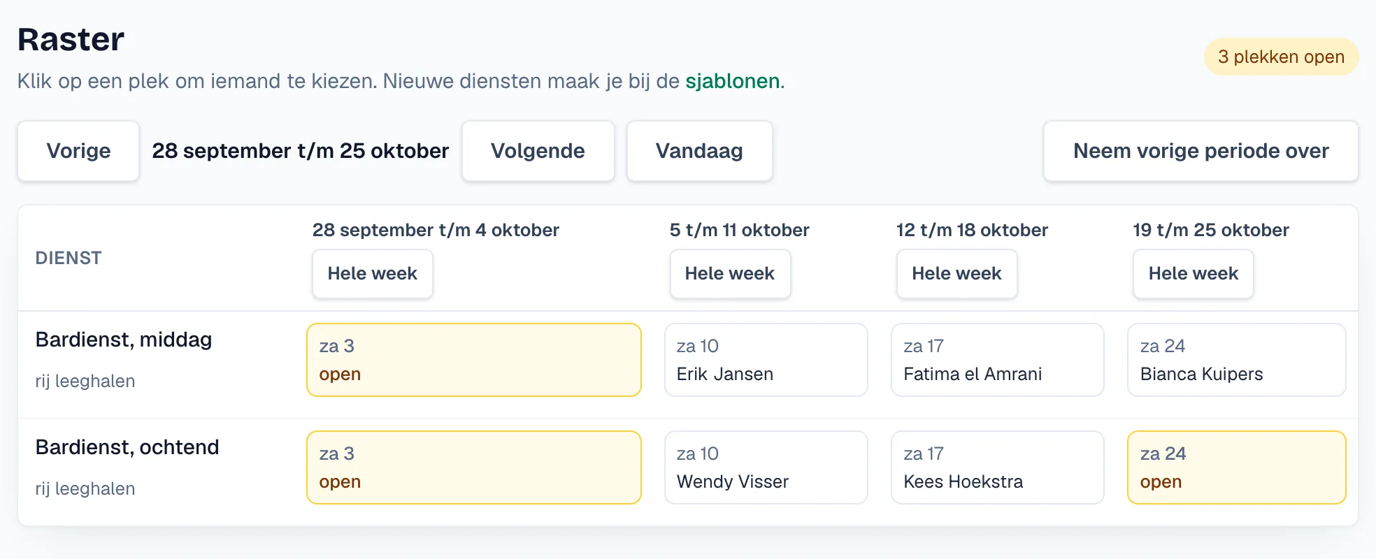 Het raster van de roosters: vier weken naast elkaar en per dienst een naam, of een open plek in geel.